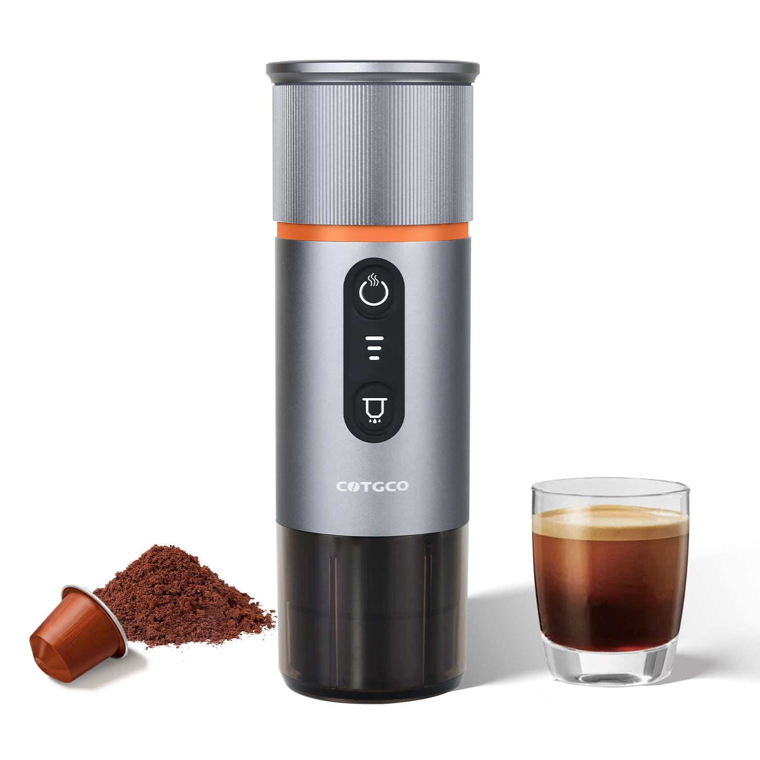 PCM120 - COTGCO Tragbare Kaffeemaschine mit Akku für Reise 80ml Kompatible Nespresso Kapseln - Grau
