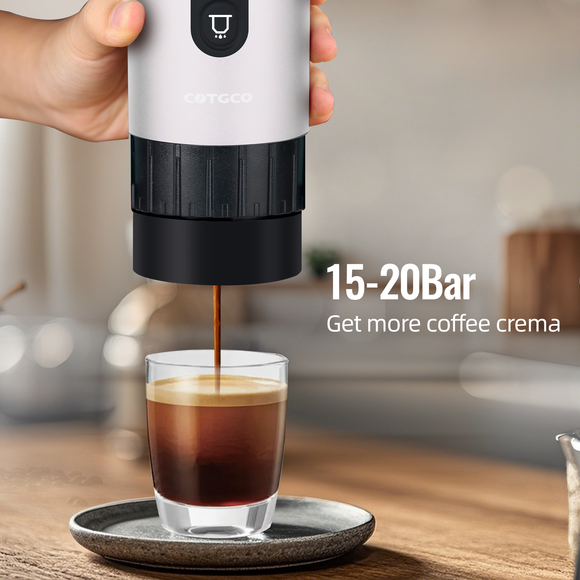 PCM120W- COTGCO Tragbare Kaffeemaschine mit Akku für Reise 80ml Kompatible Nespresso Kapseln - Weiß